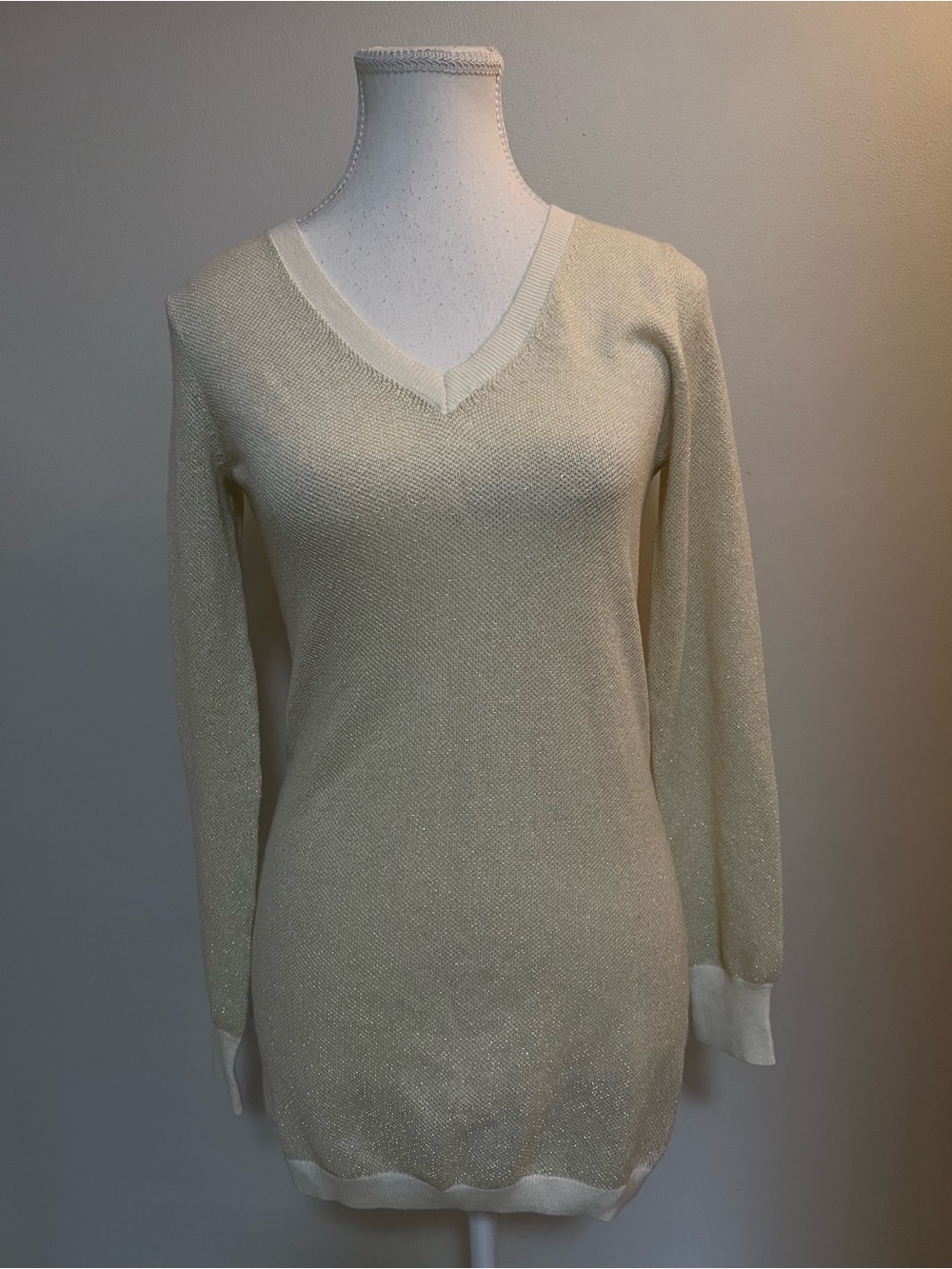 BCBG Paris Cream Metallic V-Neck Sweater